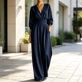 thumbnail image 4 of Drses Women Long Sleeve Wide Leg Jumpsuit for Fall Winter, V Neck Batwing High Waist Waist Pleats Loose Elegant Outfit with Hidden Pockets, Versatile Formal Travel Casual Solid One Piece, 4 of 5