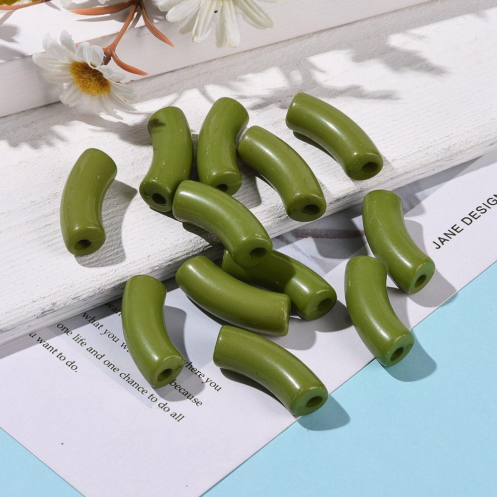 500 g Opaque Acrylic Beads Curved Tube Olive Drab 34.5x13x11mm Hole: 3.5mm 155pcs/500g