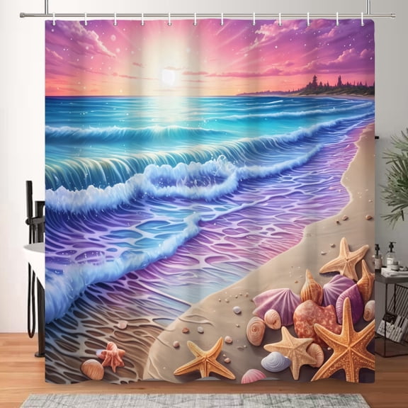 MIZHONA Summer Beach Shower Curtain Ocean Seashells Coastal Bathroom Curtain with Hooks for Seaside Sunset Decor 72"X72"