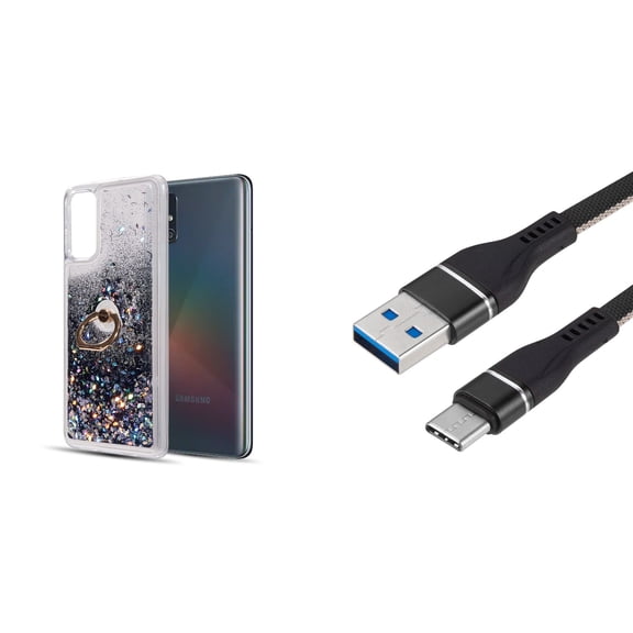 Bemz Waterfall Samsung Galaxy S20 FE 5G (Fan Edition) Case Bundle: Liquid Quicksand Glitter Ring Holder Stand Cover with Heavy Duty Fast Charging Type-C to USB-A Charger Cable (3 Feet) - Black