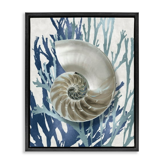 Stupell Industries Shell Coral Beach Blue Design Jet Black Framed Floating Canvas Wall Art, 16x20, by Caroline Kelly