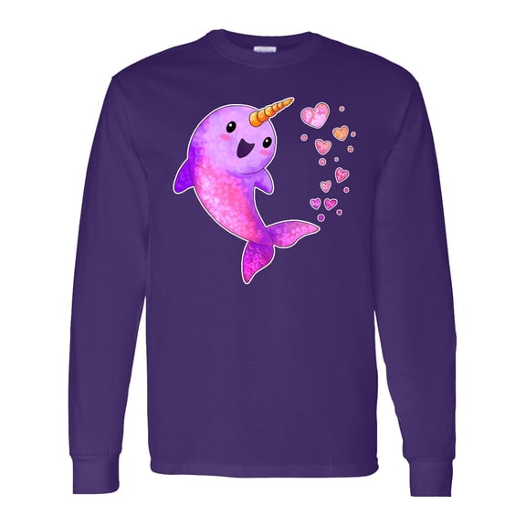 Inktastic Valentine's Day Cute Pink Narwhal with Hearts Long Sleeve T-Shirt
