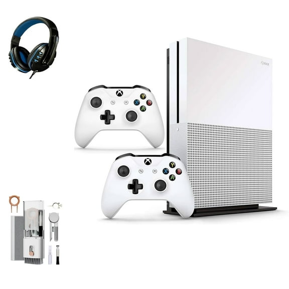 Pre-Owned Microsoft Xbox One S 500GB with 2 Controller, 4K Ultra HD White with BOLT AXTION Cleaning Kit Headset Bundle