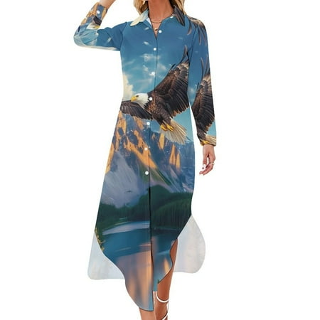 Rocky Mountains Eagle Trees And Lake Landscape Women's Maxi T Shirt Dress Long Sleeve Lapel Summer Button Down Blouse Dresses Loose Sundress Side Slits Long Dress S