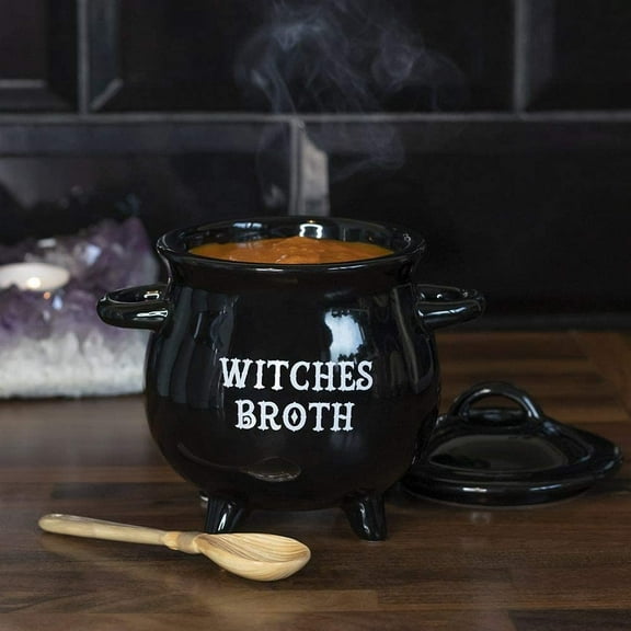 Ebros Ceramic Wicca Black Cauldron Dipping Condiment Bowl Mug W/ Broom Spoon