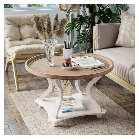 Round Farmhouse Coffee Table with Handmade Finish, Wood Tray Top Rustic Coffee Table for Added Thickness