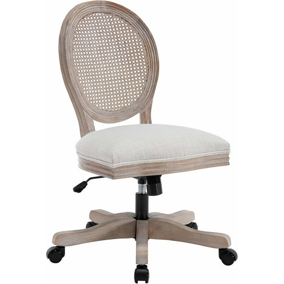 DUOMAY Linen Home Office Desk Chair, French Country Elegance with Round Backrest, Upholstered Executive Mid Back Task Chair Wood Adjustable Swivel Caster Chair, Beige