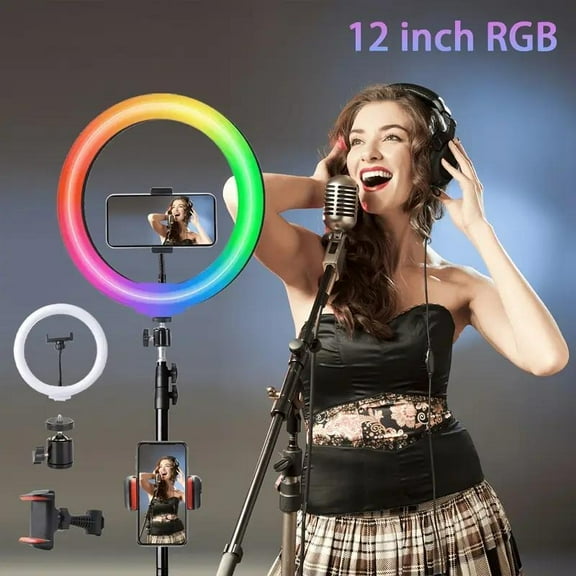 12-inch Ring Light with 2-Section 1.6M Tripod & Dual Phone Holders. RGB Colors & Dimming for Flawless Live Streams/Makeup/HD Videos.