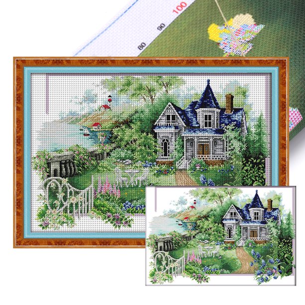Kit Punto Cruz Con Casa Verano Hilo Algodón Ecológico Bordado 14CT 68x48cm
