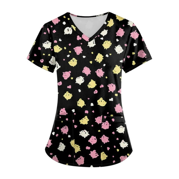 WTOBBY Women's Plus Size Short Sleeve Printed Scrubs Set, V-Neck with Pockets, Fun Animal Floral Print, 2-Piece Nursing Uniform, Medical Workwear for Healthcare Workers,Black L