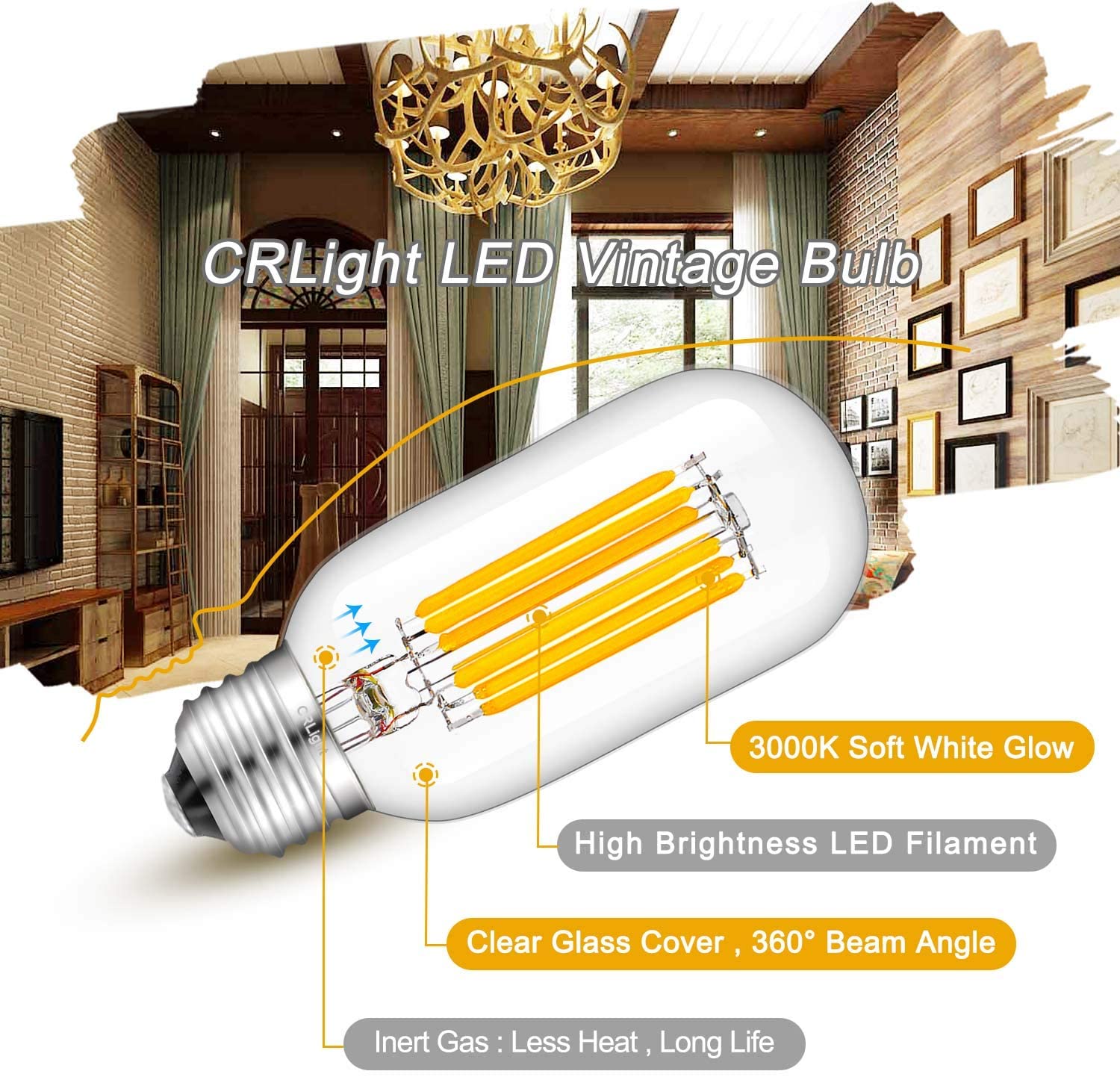 4 Pack Vintage Edison Style T45 Tubular Clear Glass Lengthened Filament LED Light Bulbs CRLight 8W Dimmable LED Tubular Bulb 4000K Daylight White 80W Equivalent 800LM E26 Medium Base 4 Pack Vintage Edison Style T45 Tubular Clear Glass Lengthened Filament LED Light Bulbs CRLight 8W Dimmable LED Tubular Bulb 4000K Daylight White 80W Equivalent 800LM E26 Medium Base