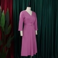 thumbnail image 4 of AURA Plus Size V Neck Pleated Midi Dress High Waist Belted A Line 3 4 Sleeve Elegant Summer Work Dress with Zipper, 4 of 10