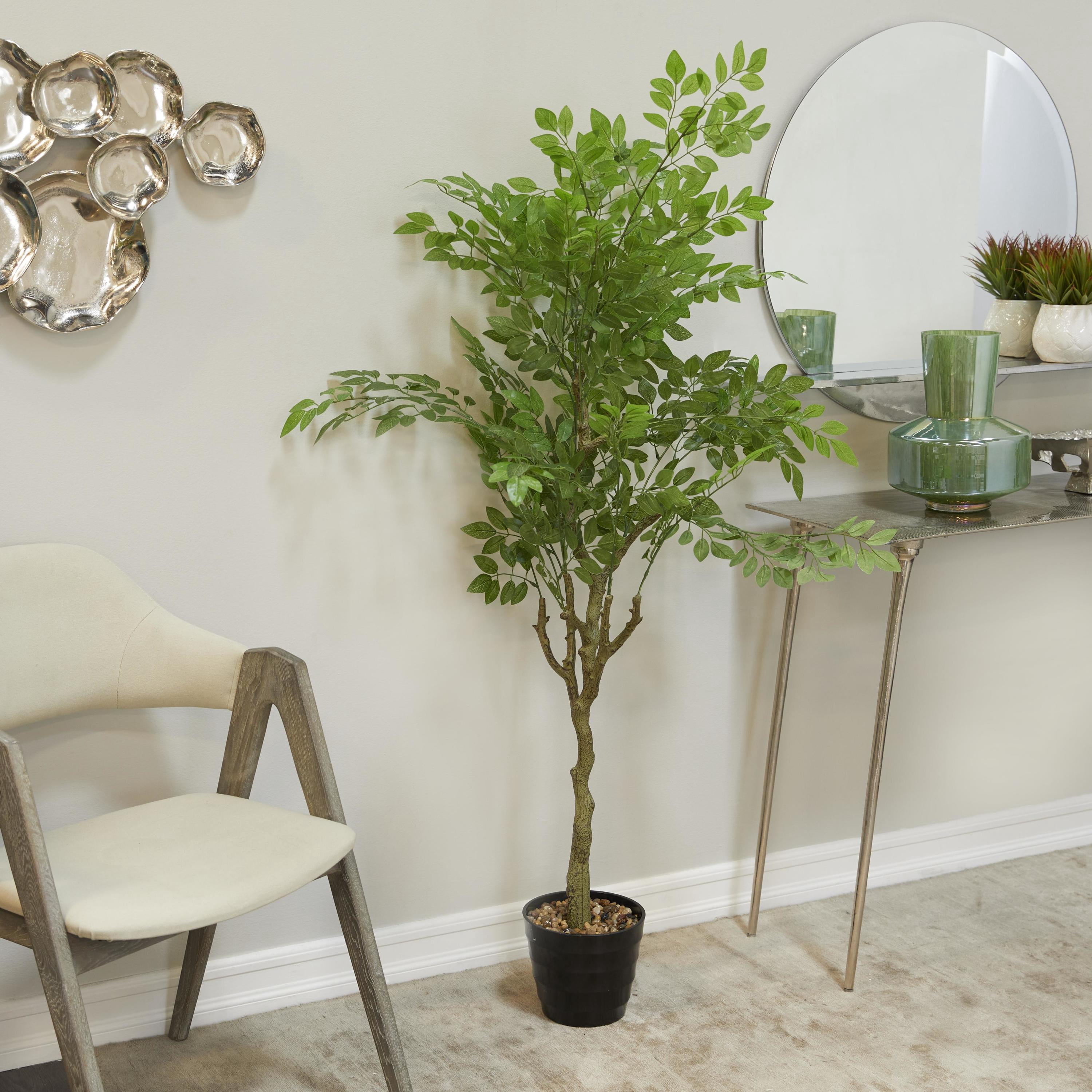 DecMode 61" Artificial Weeping Fig Tree in Realistic Leaves and Black Melamine Pot