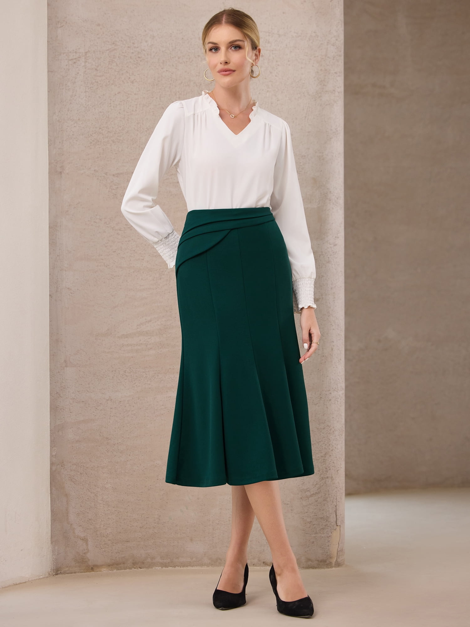 DARING DIVA Women's High Elastic Waist Fishtails Midi Skirts for Work XL Green Blue