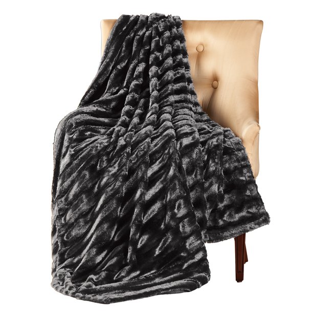 Collections Etc Striped Faux Mink Throw Blanket BLACK