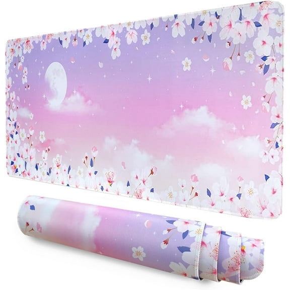 Pink Cherry Blossom Gaming Mouse Pad XXL Extended Star Sky Mousepad Purple Kawaii Stitched Edges Desktop Mouse Mat Moon Non-Slip Rubber Base Desk Pads(Size:31.5x11.8in)