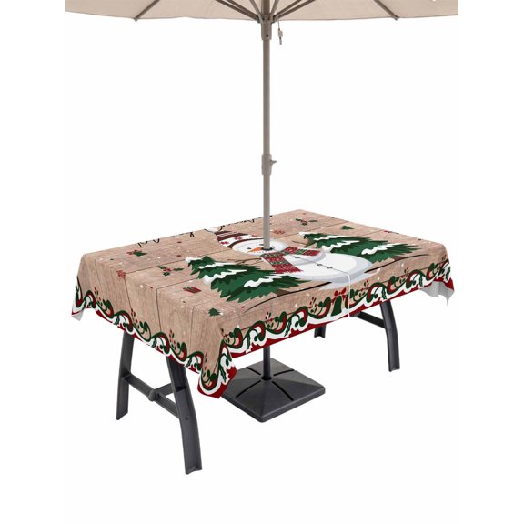 Outdoor Tablecloth with Umbrella Hole and Zipper, Christmas Snowman Rectangle Table Cloth 52x70 Inch Waterproof Tablecloth, Xmas Tree Snowflake Wooden Winter Picnic Table Cover for Patio Camping