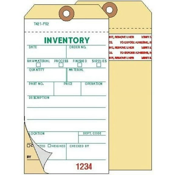 Inventory Tags, 2-Ply Carbonless, Manila, w/Adhesive Strip, Box of 500, Plain, Sequence per Factory