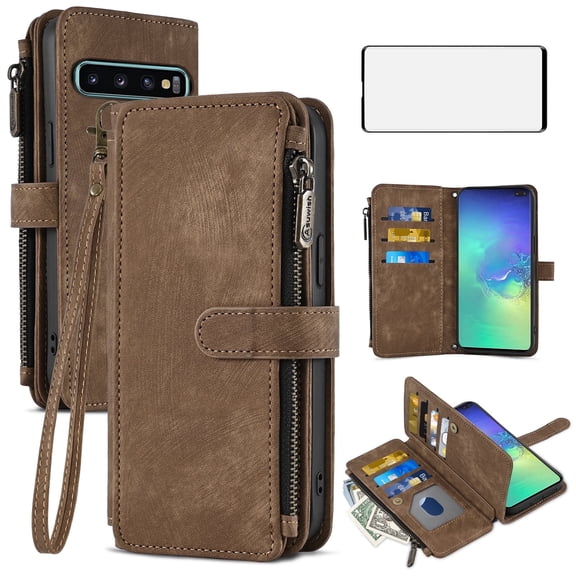 Asuwish Kickstand Hard Shell Wallet Cell Phone Case with Tempered Glass Screen Protector for Samsung Galaxy S10 Plus, Brown
