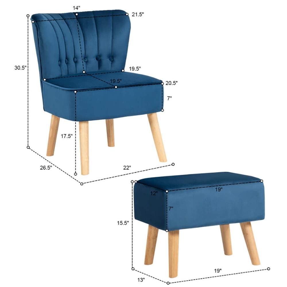 Finihen Velvet Accent Chair, Modern Accent Chair Ottoman Set with Footstool, Thickly Padded, for Living Room, Bedroom, Blue