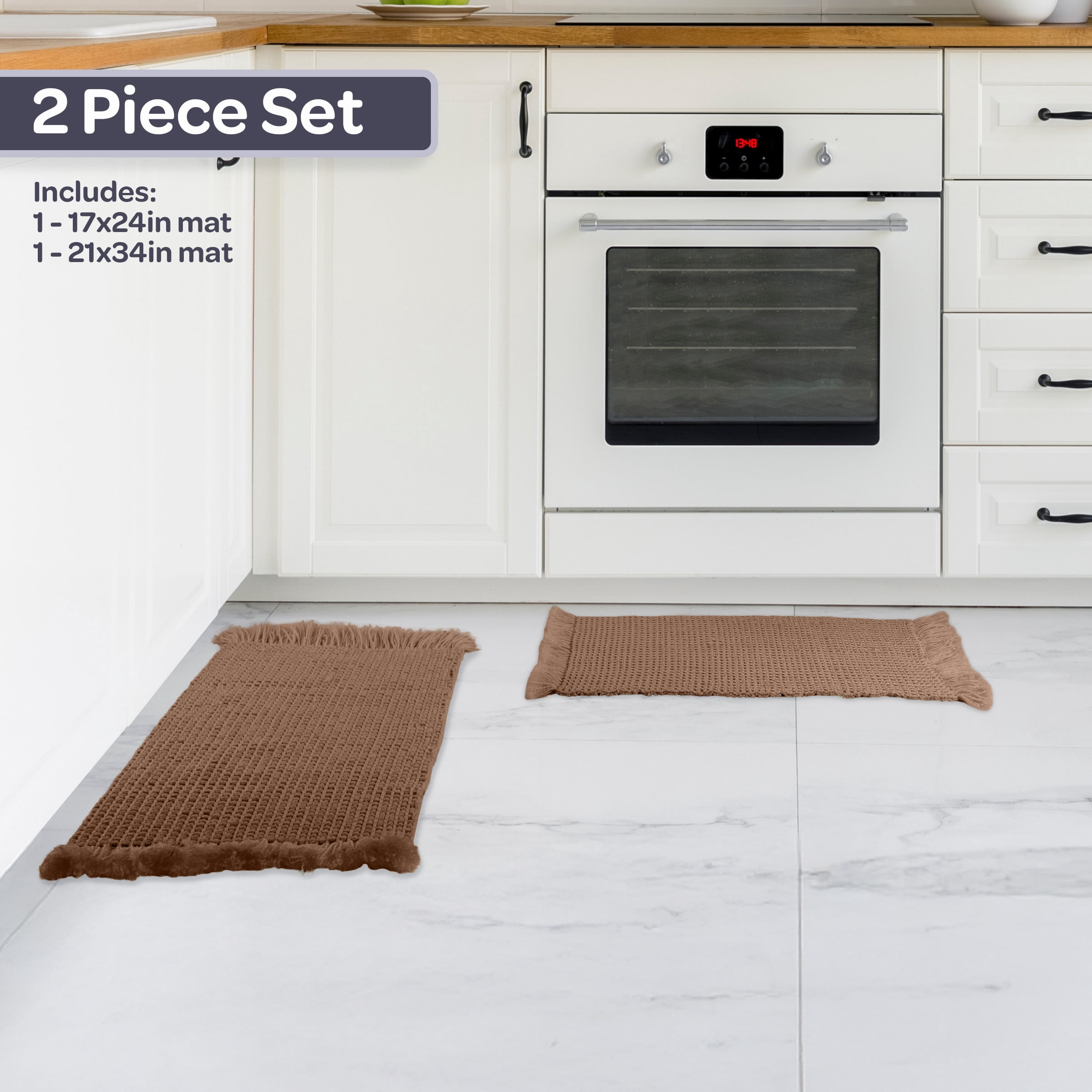 Lavish Home 2PC Waffle Bath Mat Set - Washable Bathroom Rugs (Natural)