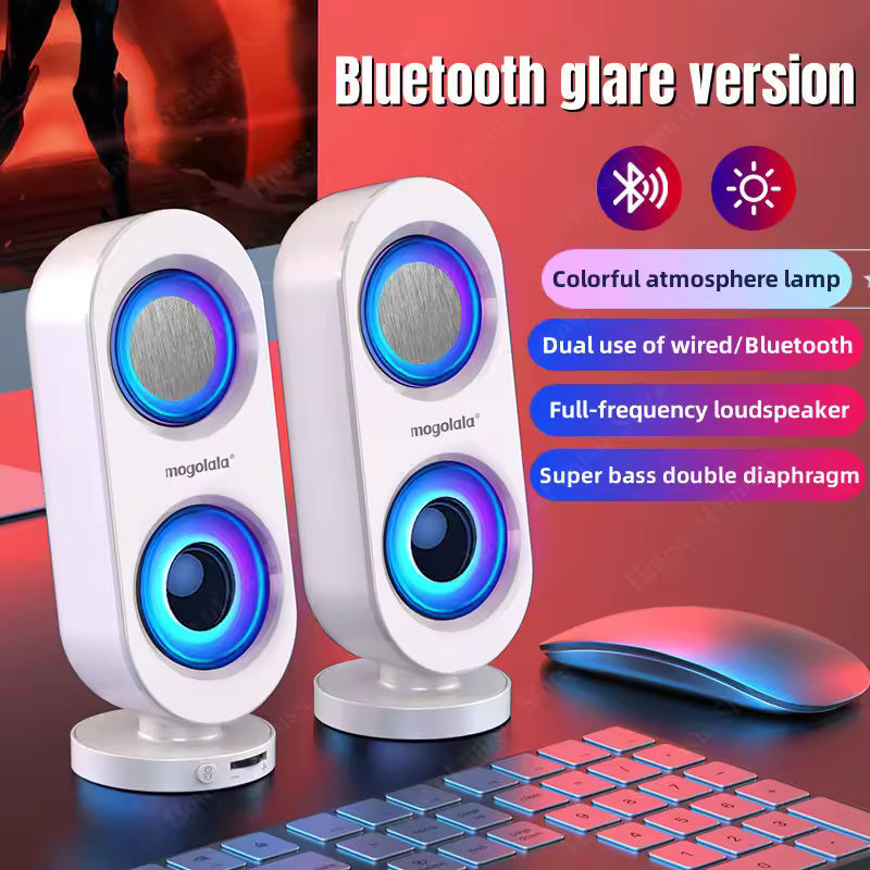 Computer Audio Home Desktop Notebook Speakers USB Wired Bluetooth Speakers Shocking Stereo RGB Color Atmosphere Lighting Effect(White)