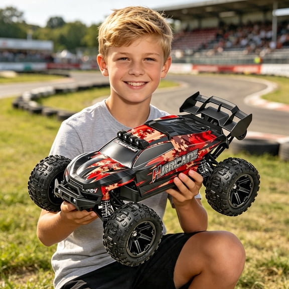 KWANITHINK 1:14 4WD RC Truck, 40 km/h Remote Control Car with 2 Batteries, Black and Red