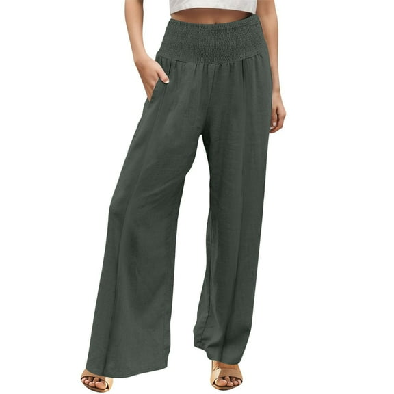 WRXMIJNHGSA Clothing 2025 Women's Casual Pants Linen Pants Women Summer Wide Leg Pants Drawstring Elastic Waist Pants High Waisted Pants Casual Beach Trousers