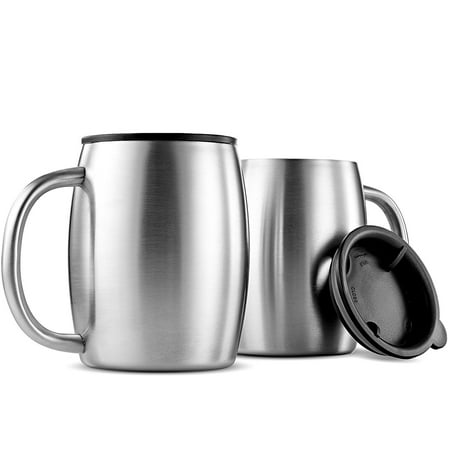 Leoney Double Wall 18/8 Stainless Steel Coffee Mugs with Spill Resistant Lids (Set of 2) Insulated Coffee Travel Mug with Comfortable Handle for Hot & Cold Drinks, Shatterproof Coffee Cups, 14