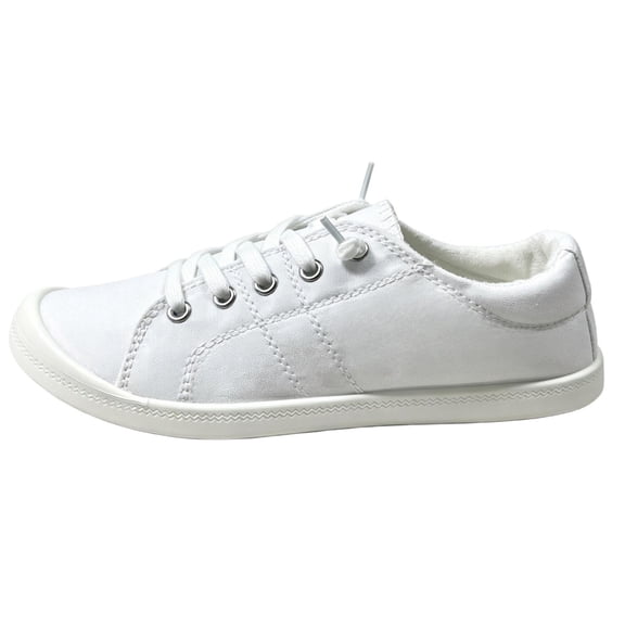 Women’s White Canvas Sneakers Low Top Slip‑on Lace Up Casual Walking Shoes Lightweight Comfortable Flat Fashion Daily Shoes for Women
