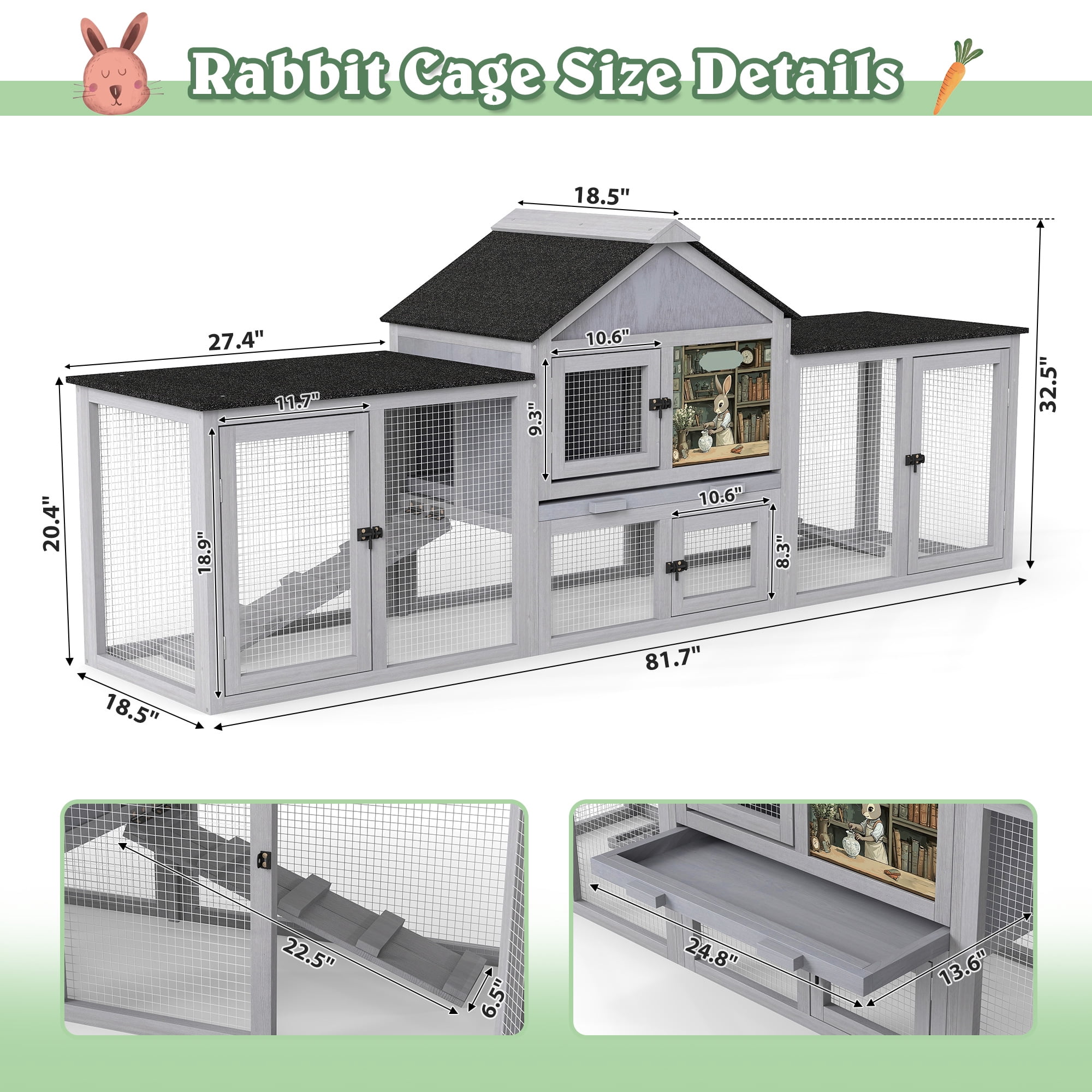 83" Wood Fashion Rabbit Hutch Chicken Coop Wooden Small Animal House, Grey