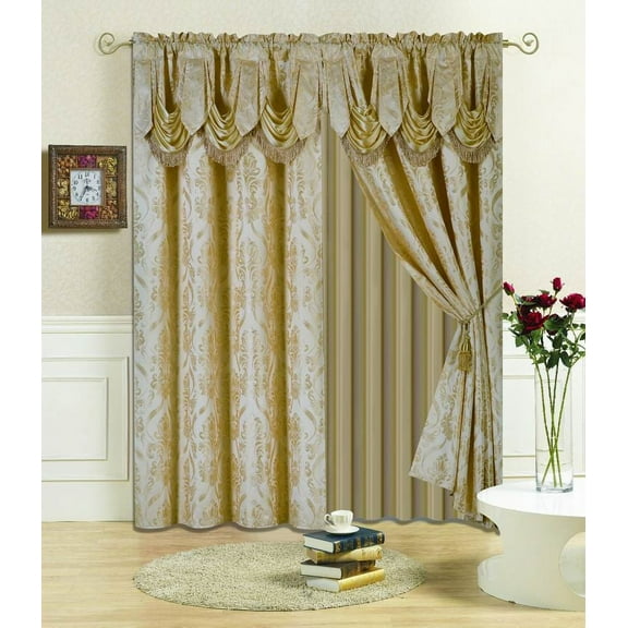 All American Collection New 4 Piece Drape Set with Attached Valance and Sheer with 2 Tie Backs Included