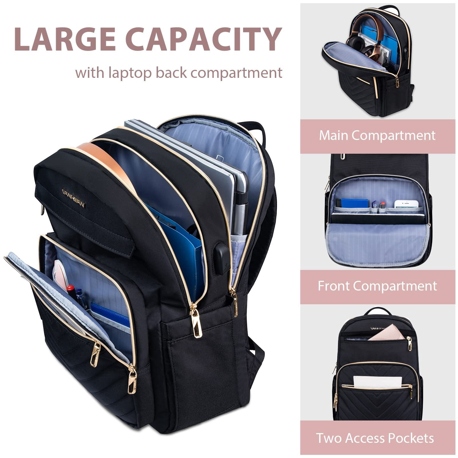 GlneYos Women Laptop Backpack,17.3inch Travel Work Laptop Bag with USB Port Waterproof Fashion Backpacks Nurse Stylish Casual Daypacks for College, Business, Black