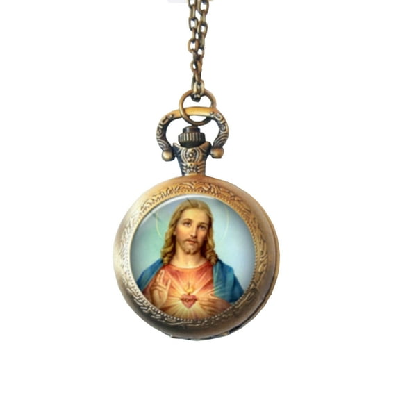 Sacred Heart of Jesus Christ Christian Religious Necklace Pocket Watch, PW-JC-1