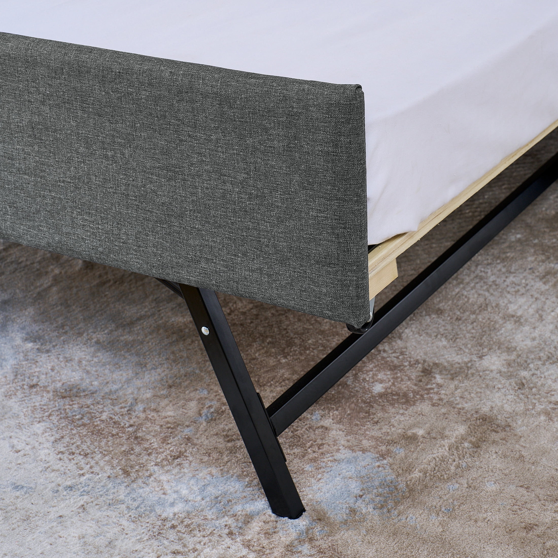 Noble House Zerra Twin Linen Upholstery Sofa Bed, Daybed Frame with LED Lights Headboard, and Pull-Up Trundle, Gray
