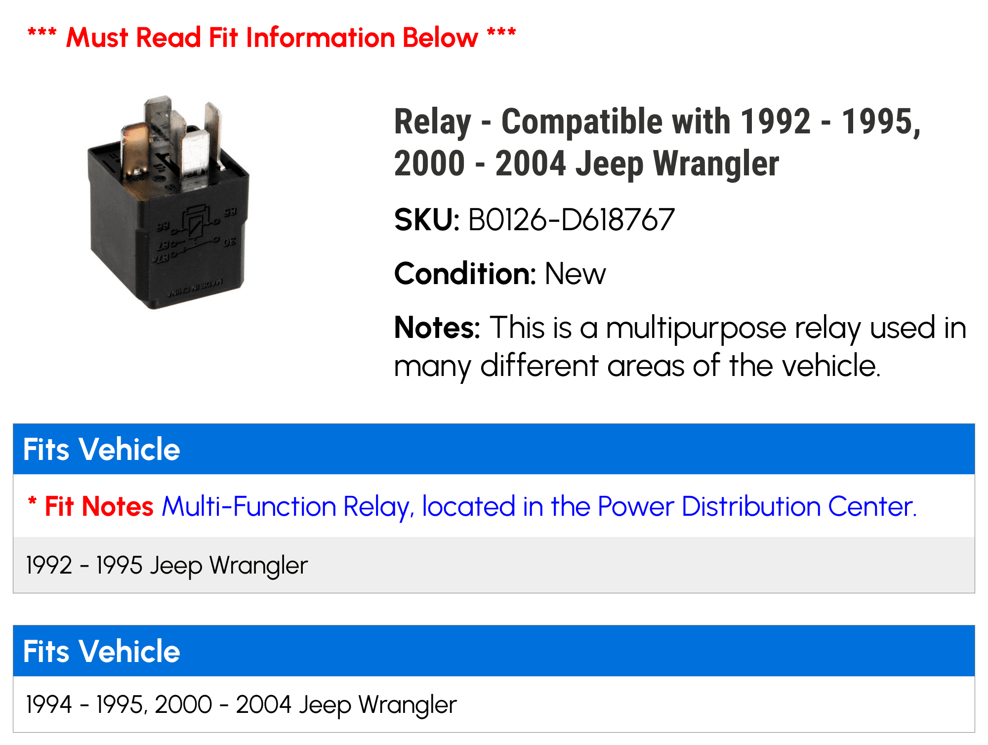 Relay - Compatible with 1992 - 1995, 2000 - 2004 Jeep Wrangler 1993 1994 2001 2002 2003