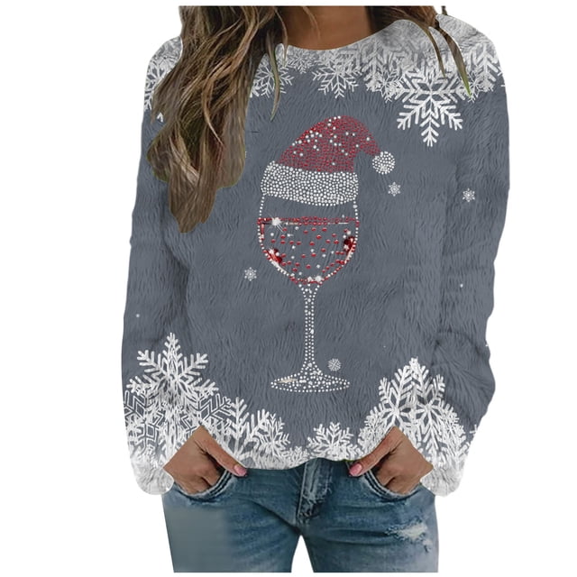 HNMKIU Chandail Décontracté de Noël pour Femmes à Col Rond et Manches Longues avec Imprimé en Velours Double Face z9101-Gris Foncé, TG