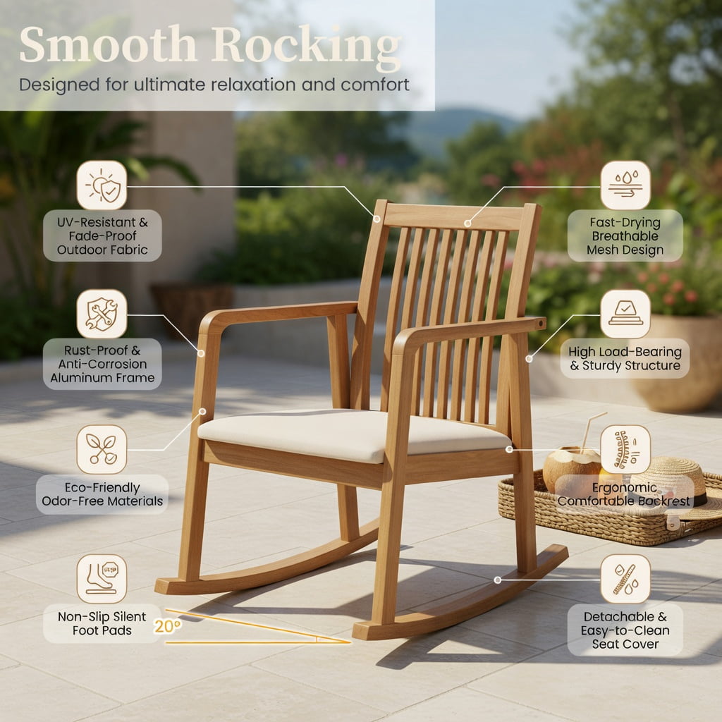 Hommoo Rubber Wood Rocking Chair with Slatted Back, Curved Armrests & Linen Upholstery, Ergonomic Indoor/Outdoor Relaxation Chair, Natural