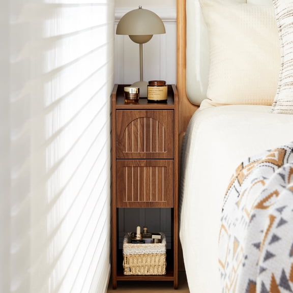 MIYZEAL Narrow Walnut Nightstand, 23.62" Tall Small Bedside Table with 2 Drawers & Open Compartment, Slim Side End Table, Mid-Century Modern Night Stand for Bedroom, Small Spaces