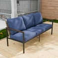 thumbnail image 3 of INTER HUT Outdoor Wicker 3-seater Sofa Couch, Patio Steel Framed Wicker Chair, Rattan Sofa with Cushions for Balcony, Garden, Yard, Blue, 3 of 9