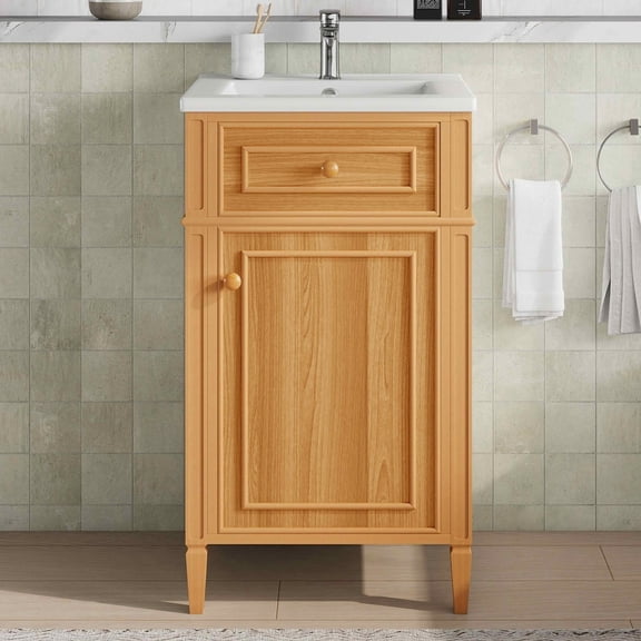 MAYEERTY 20-Inch Bathroom Vanity with Sink, Solid Wood Legs Adjustable Shelf Tilt-Out Drawer Wood Knobs, Modern Freestanding Small Bathroom, Wood