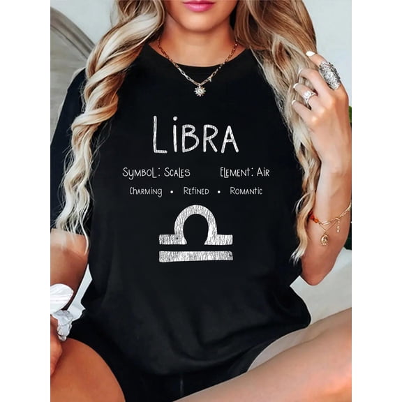 Cotton Vintage Libra Zodiac Sign - Astrology Horoscope Birthday T-Shirt Women's Graphic Tee Casual Tops