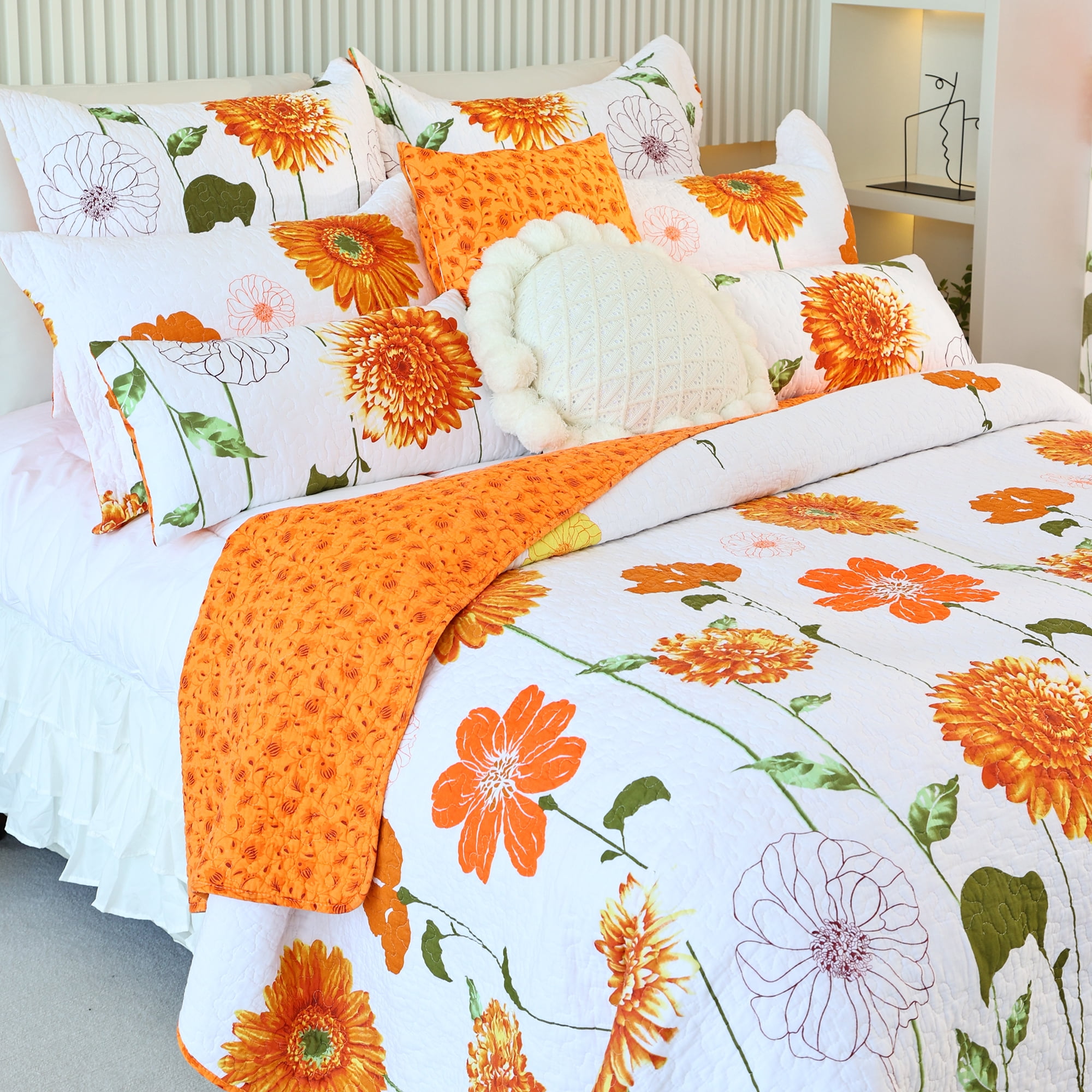 Evenhug Quilt Set 3-Piece Queen Sunflower Cotton Floral Quilt Bedding Set With 2 Pillow Shams