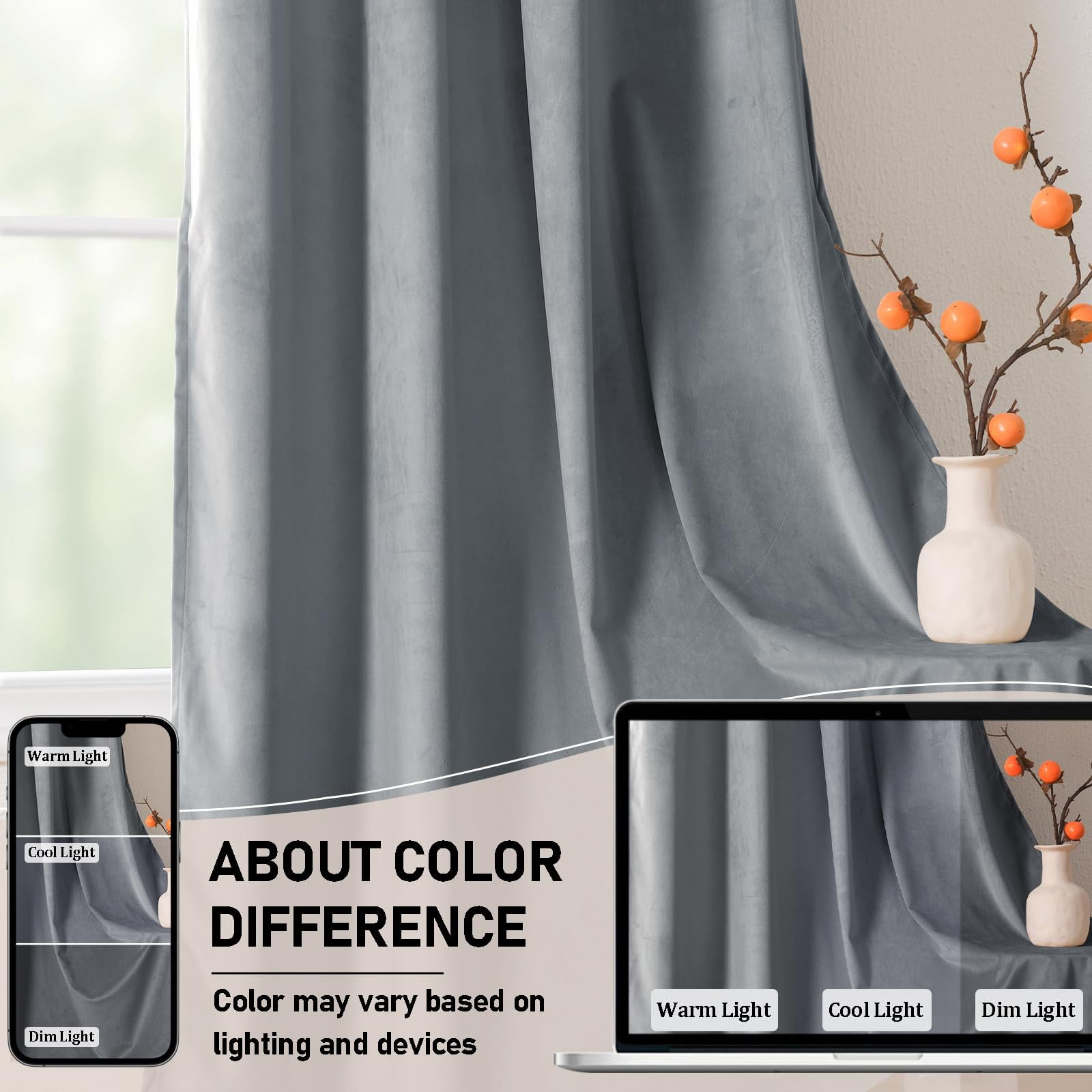 JIUZHEN Velvet Curtains Contemporary Grey Solid Print Rod Pocket Blackout Curtains, 60" x 96" (2 Panels)