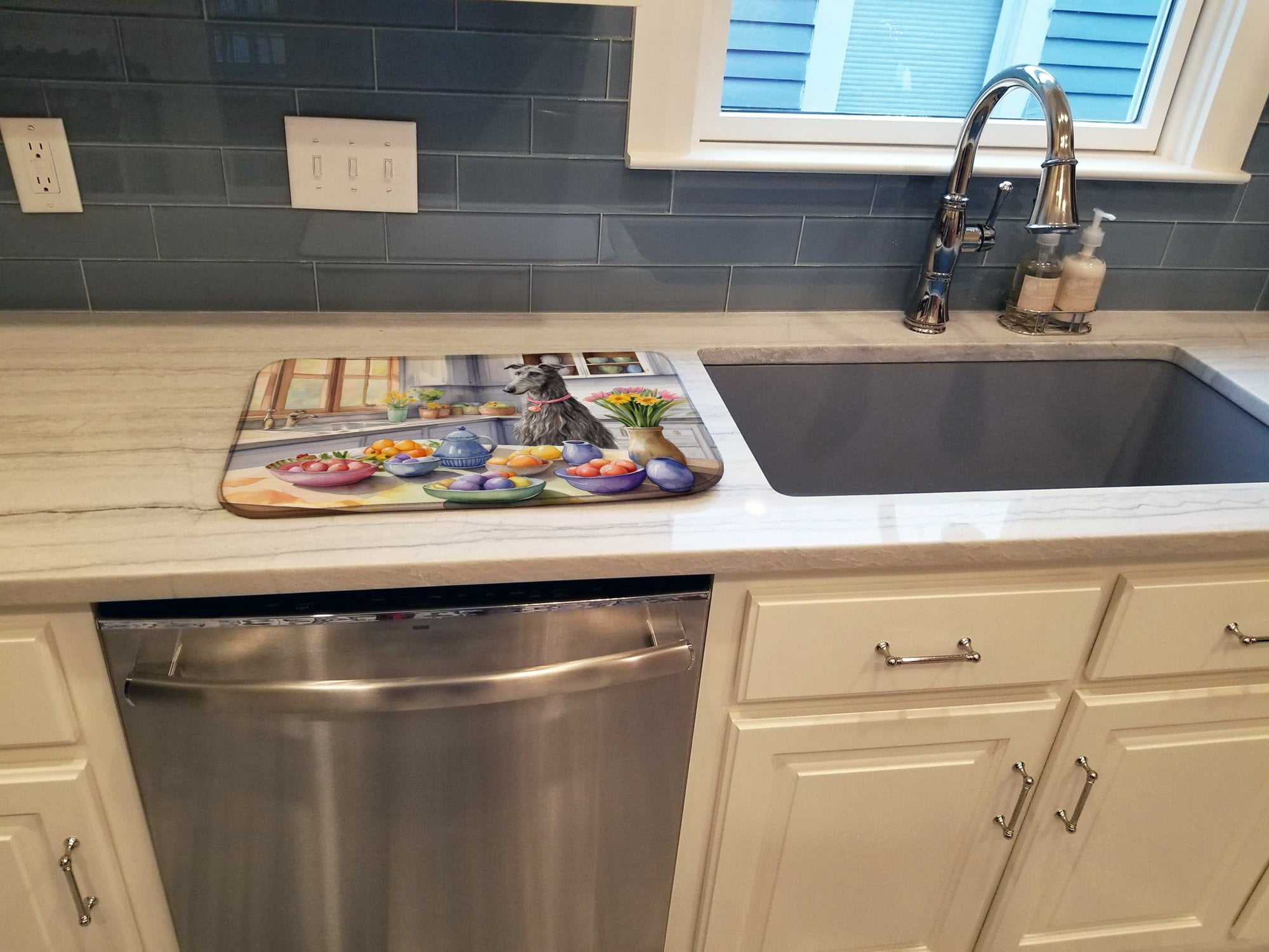Decorating Easter Scottish Deerhound Dish Drying Mat