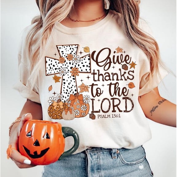 Give Thanks To The Lord Shirt, Christian Fall T-Shirt with Leopard Pumpkin and Jesus Cross, Thanksgiving Coquette Tee, Autumn Faith Apparel