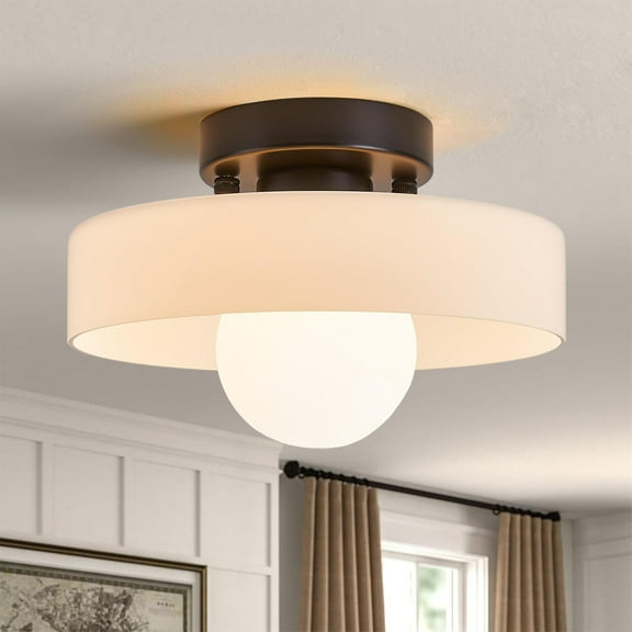 Mid-Century Modern Semi Flush Mount Ceiling Light, Kitchen Ceiling Light Fixture with Glass Shade,Vintage Close to Ceiling Lamp for Entryway Hallway Bathroom
