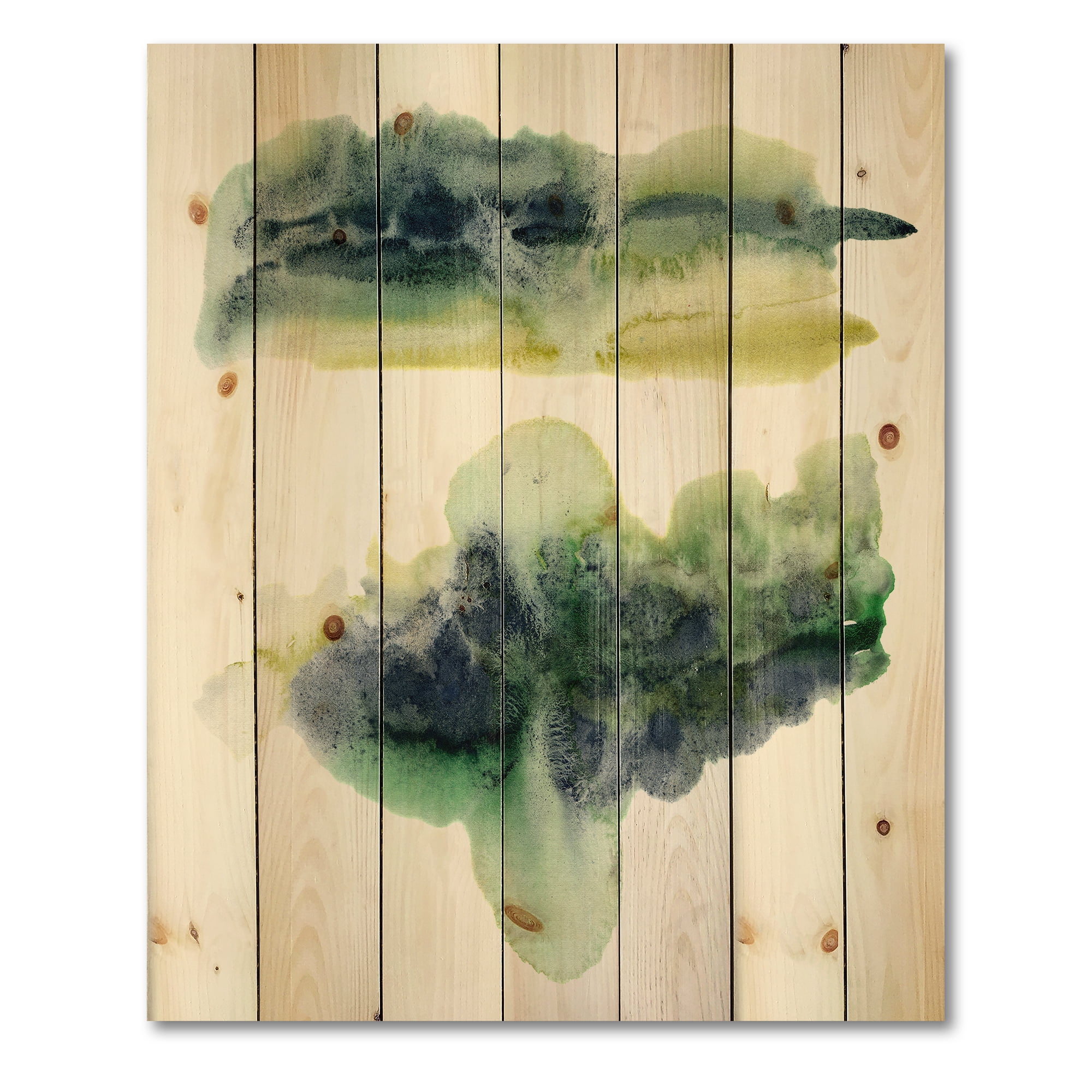 Designart 'Golden Green Abstract Clouds IV' Modern Print on Natural Pine Wood