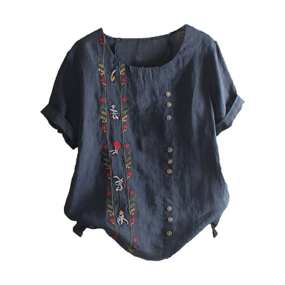 Wyobmus Women Linen T Shirts Plus Size Cotton Short Sleeve Button Blouses Crew Neck Floral Printed Button Tops B-Blue