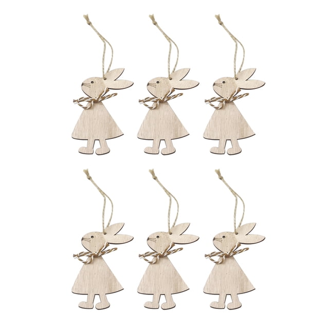 6PCS Wooden Easter Rabbit Hanging Decor Cute Rabbit Wood Pendant Cartoon Bunny Crafts Decorative Hanging Ornaments for Easter Party Style 1
